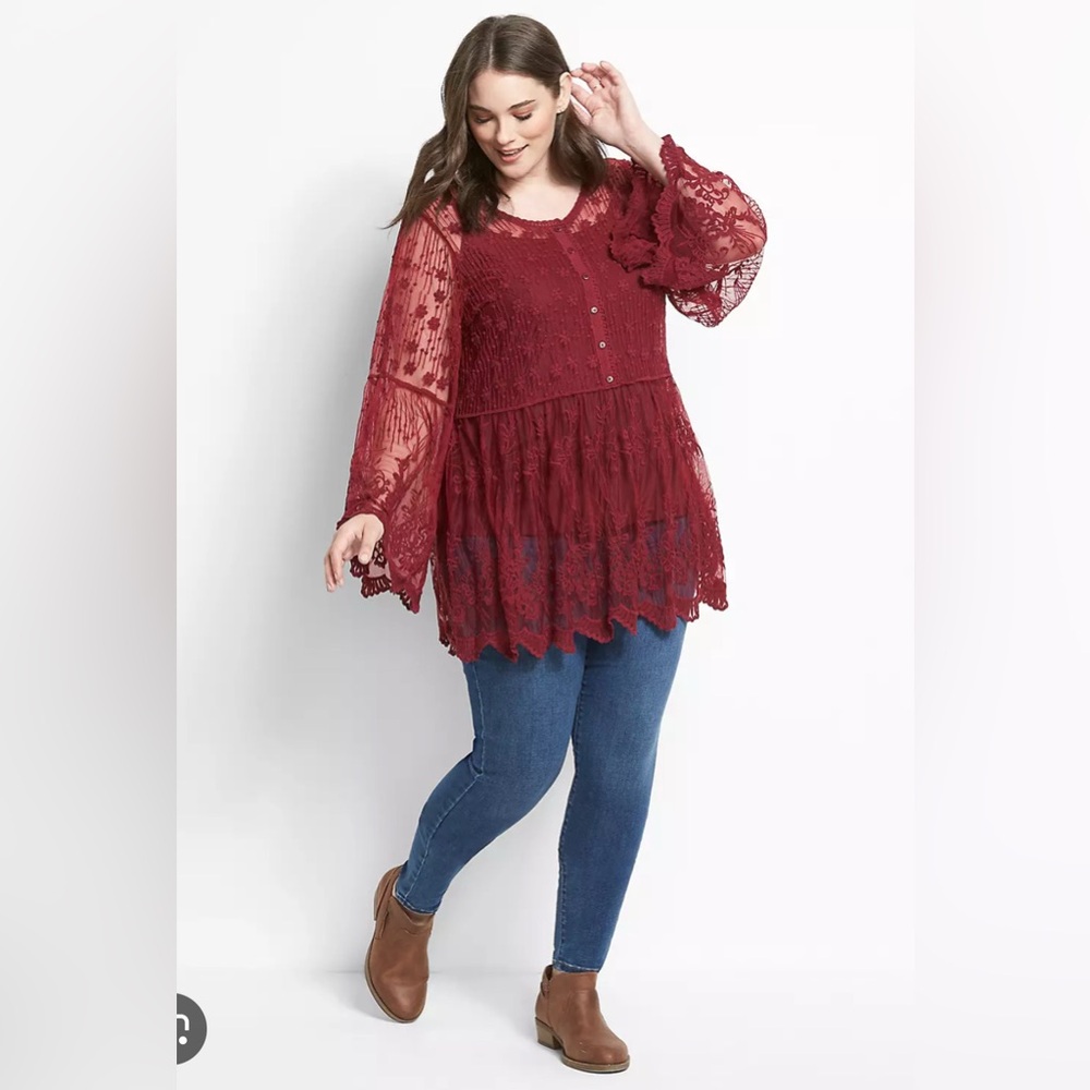 Lane Bryant Mesh Embroidered Boho‎ Goth Bell Sleeve Button Up Red Size 24 Shirt
